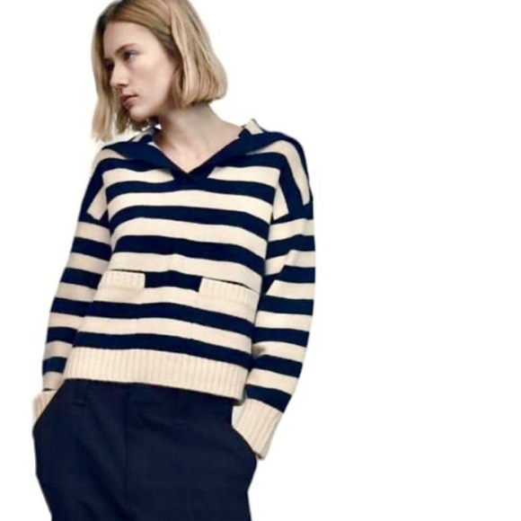 ZARA Sweater Striped Stripes Sailor Johnny Collar Navy Blue Ivory‎ Cream Size M - Picture 2 of 9